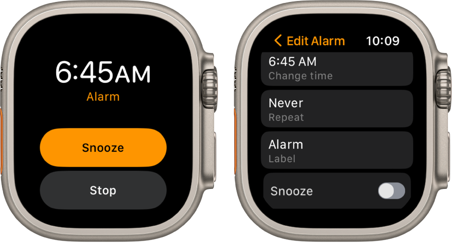 Two watch screens: One shows a watch face with Snooze and Stop buttons, and the other shows the Edit Alarm settings, with Change time, Repeat, and Label buttons below. A Snooze switch is at the bottom. The Snooze switch is turned off.