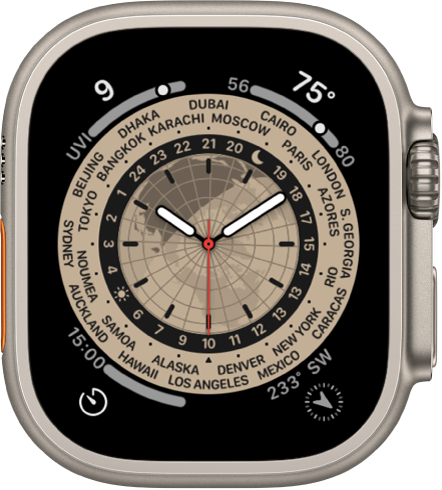 The World Time watch face showing an analog clock. In the middle is a map of the globe, showing day and night. Numbers and city names appear around the dial, indicating the time in each location. There are complications in each corner: UV Index at the top left, Weather Temperature at the top right, Timers at the bottom left, and Activity at the bottom right.