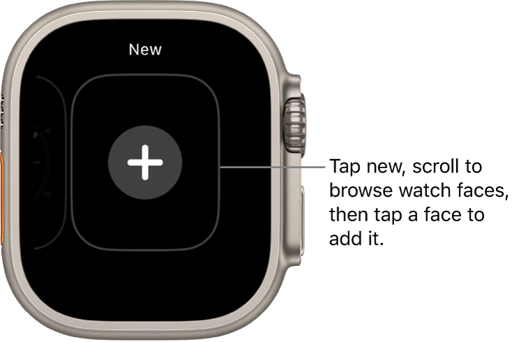 New watch face screen, with a plus button in the middle. Tap to add a new watch face.