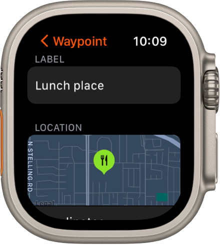 The Compass app showing a waypoint editing screen. The Label field is at the top. Below is a Location area that shows the location of the waypoint on a map. The dining symbol has been applied to the waypoint.