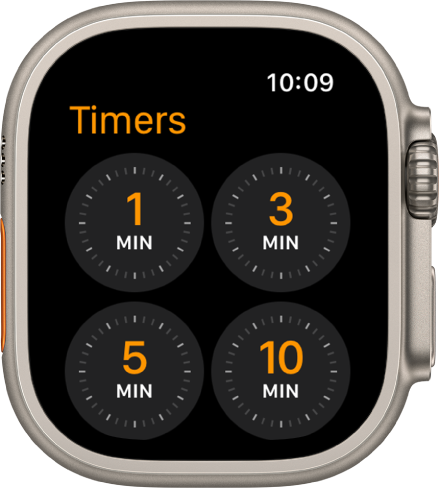 The Timer app screen, showing quick timers for 1, 3, 5, or 10 minutes.