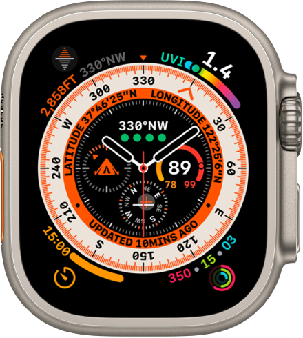 The Wayfinder watch face showing the Elevation complication at the top left, UV Index at the top right, Timers at the bottom left, and Activity at the bottom right. A compass ring is on the outside of the clock face. There are four complications near the middle of the watch face—Compass Heading at the top, Temperature at the right, Compass at the bottom, and Compass Waypoints at the left.