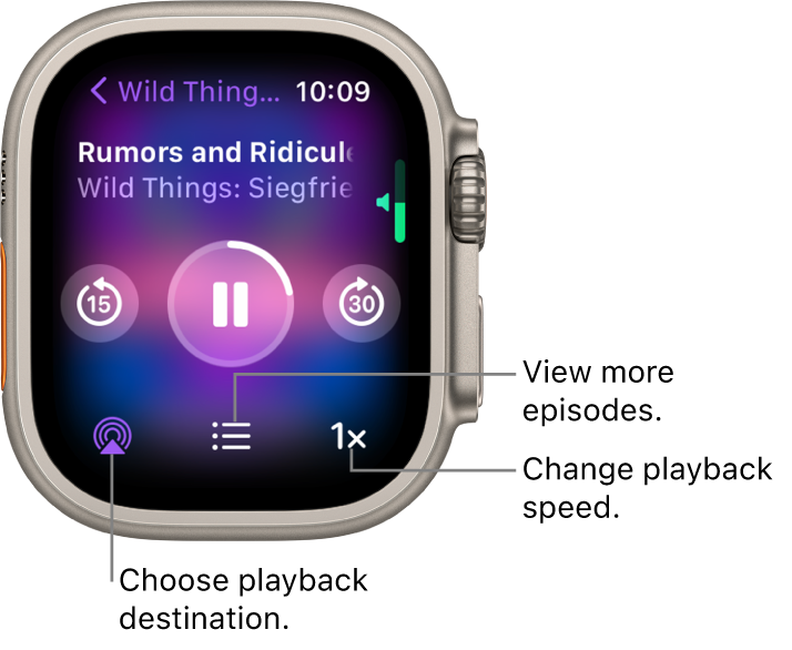 A Podcasts Now Playing screen showing the show title, episode title, date, skip-back-15-seconds button, pause button, skip-ahead-30-seconds button, AirPlay button, episodes button, and playback speed button.