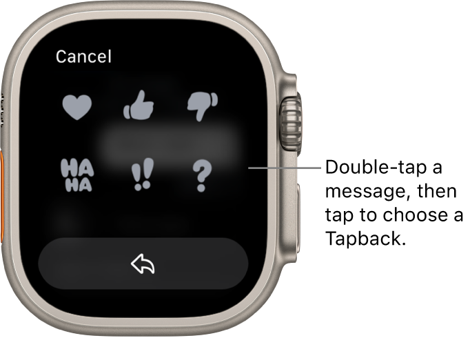 A Messages conversation with Tapback options: heart, thumbs up, thumbs down, Ha Ha, !!, and ?. A Reply button is below.