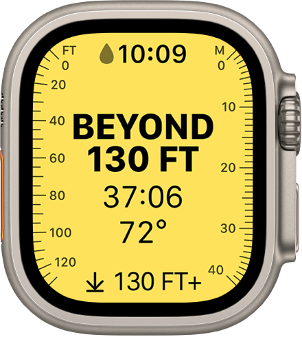 The Depth app with a warning that you’ve gone beyond 130 feet of depth. The time underwater, water temperature, and maximum depth are below.