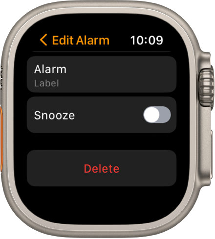 Edit Alarm screen, with the Delete button at the bottom.