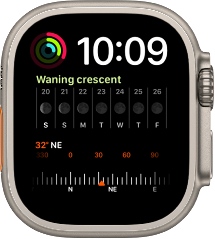 The Modular Duo watch face showing a digital clock near the top right, an Activity complication at the top left, a Moon Phase complication in the middle, and a Compass complication at the bottom.
