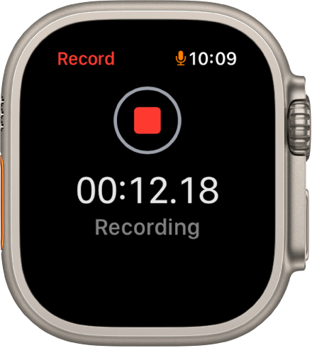 The Voice Memos app in the midst of recording a memo. A red Stop button is near the top. Below is the recording’s elapsed time with the word Recording below.