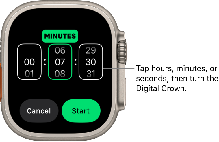 Settings for creating a custom timer, with the hour on the left, the minutes in the middle, and seconds on the right. Start and Cancel buttons are below.