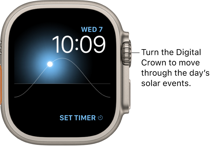 The Solar Graph watch face displays the day, date, and current time, which can’t be modified. A Timers complication appears at the bottom right. Turn the Digital Crown to move the sun in the sky to dusk, dawn, zenith, sunset, and darkness.