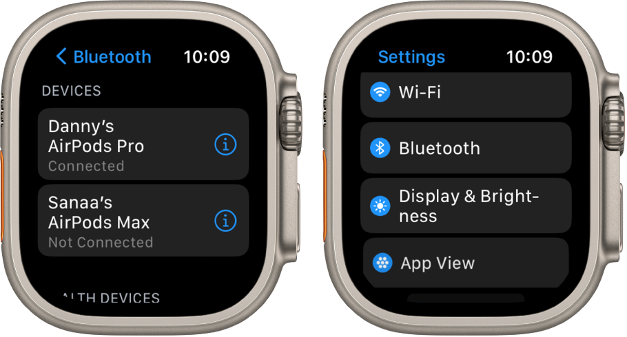 Two screens side by side. On the left is a screen that lists two available Bluetooth devices: AirPods Pro, which are connected, and AirPods Max, which are not connected. On the right is the Settings screen, showing Wi-Fi, Bluetooth, Display & Brightness, and App View buttons in a list.