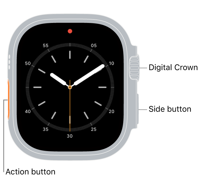 The front of Apple Watch Ultra, with the display showing the watch face, and the Digital Crown, microphone, and side button from top to bottom on the side of the watch.