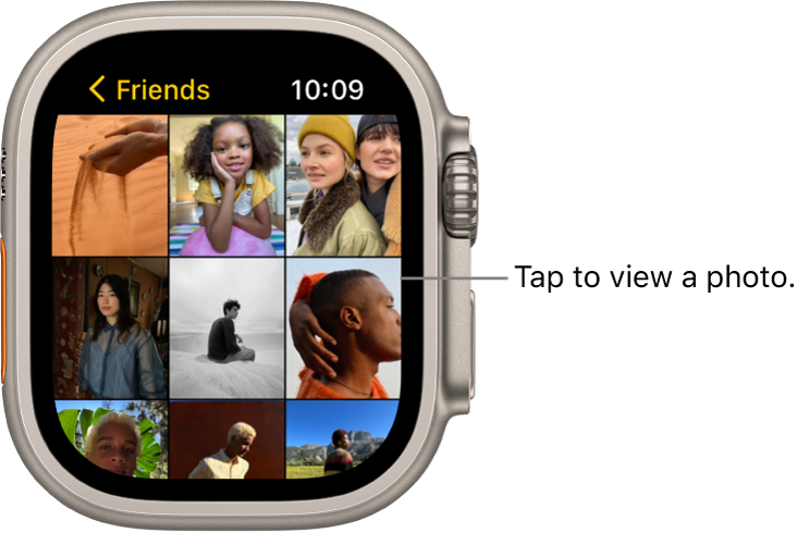 The main screen of the Photos app on Apple Watch, with several photos displayed in a grid.