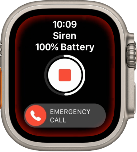 Siren counting down. Near the top is the battery charge, in the middle is a Stop button, and at the bottom is the Emergency Call slider.