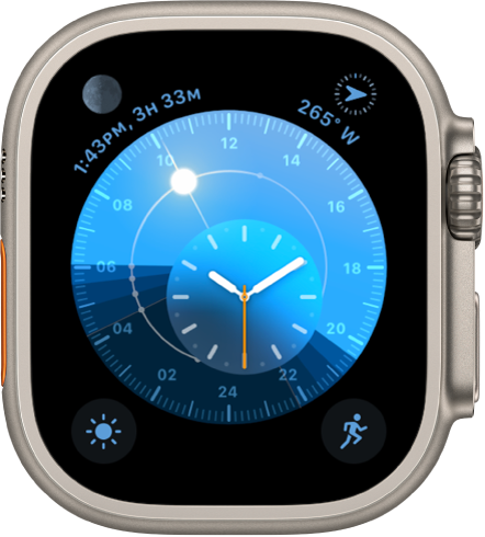 The Solar Dial watch face with a round dial that indicates the position of the sun. An inner dial displays the analog time. There are four complications shown: Moon at the top left, Compass Heading at the top right, Weather Conditions at the bottom left, and Workout at the bottom right.