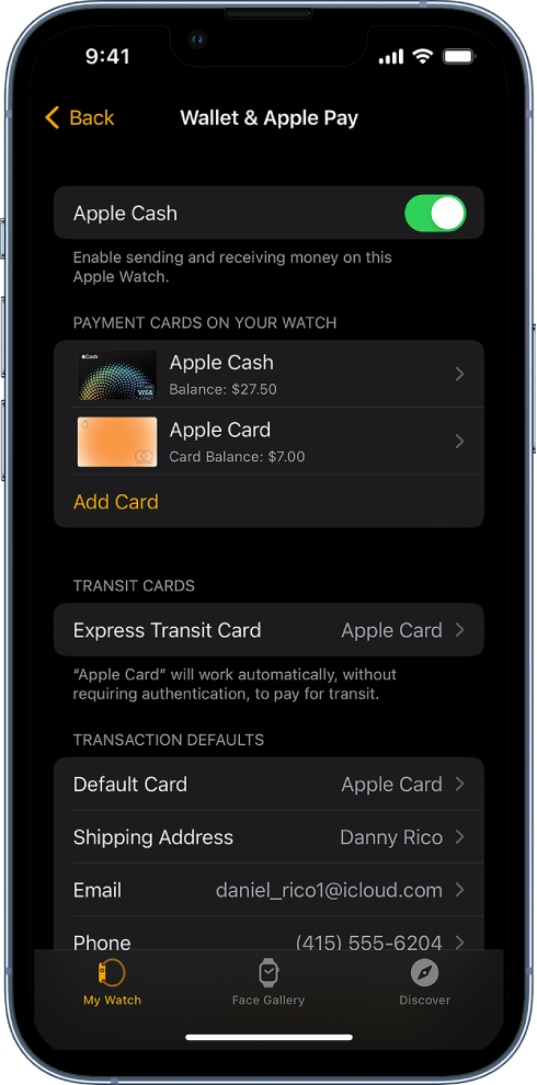 The Wallet & Apple Pay screen in the Apple Watch app on iPhone. The screen shows cards added to Apple Watch, the card you’ve chosen to use for express transit, and transaction defaults settings.