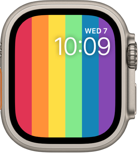 The Pride Digital watch face showing vertical rainbow stripes with the date and time at the top right.