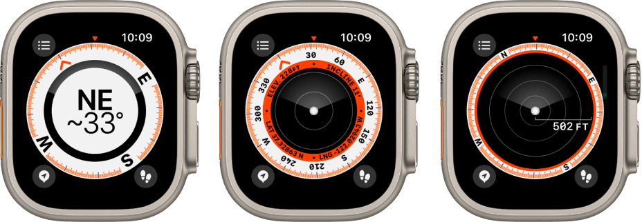 The Compass app, showing the views that appear as you turn the Digital Crown. The first image shows your bearing. The second screen shows your elevation, incline, and coordinates in an inner ring. The third screen shows waypoints. Each screen shows the Details button at the top left, the Waypoints button at the bottom left, and the Trackback button at the bottom right.