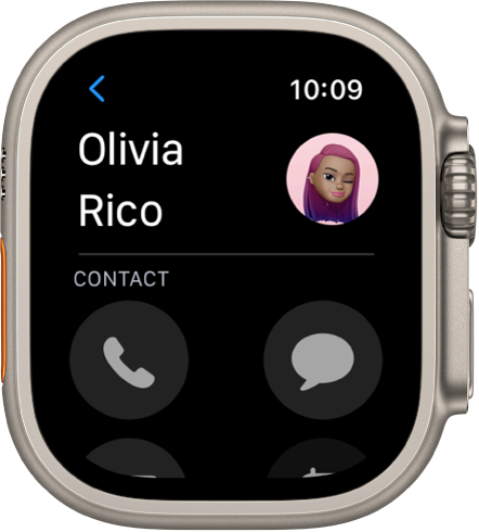 The Contacts app showing a contact. The contact’s name is near the top left with their picture at the top right. Phone and Messages buttons appear below.