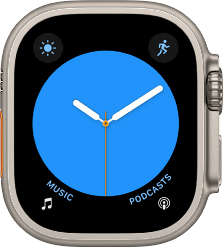 The Color watch face, where you can adjust the color of the watch face. It shows four complications: Weather Conditions at the top left, Workout at the top right, Music at the bottom left, and Podcasts at the bottom right.