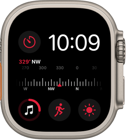 The Modular watch face, where you can adjust the color of the watch face. It shows the time near the top, the Timers complication at the top left, the Compass Heading complication in the middle, and the Music, Workout, and Weather Conditions complications across the bottom.