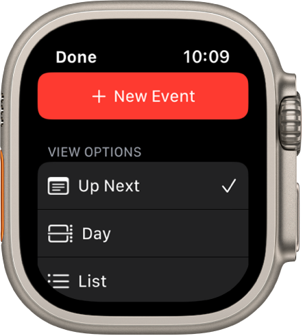 Calendar screen showing a New Event button at the top and three view options below—Up Next, Day, and List.