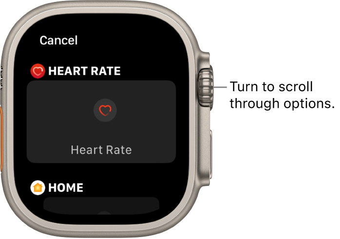 The customize screen for a watch face with the Heart Rate complication highlighted. Turn the Digital Crown to browse complications.