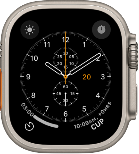 The Chronograph watch face, where you can adjust the face color and details of the dial. It shows four complications: Weather Conditions at the top left, Stopwatch at the top right, Timers at the bottom left, and World Time at the bottom right.