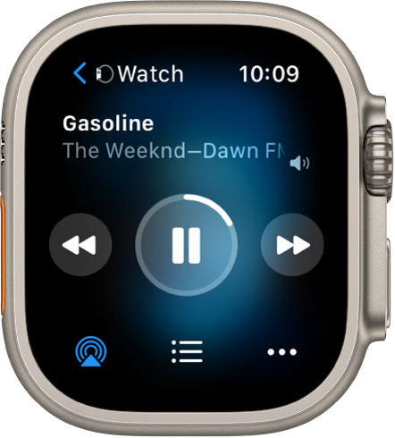The Now Playing screen showing Watch at the top left, with an arrow pointing left, which takes you to the device screen. A song title and artist name appears below. Play controls are in the middle. AirPlay, track list, and More buttons are at the bottom.