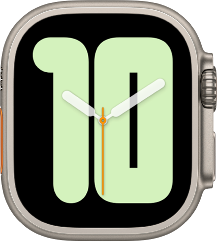 Numerals Mono watch face showing analog hands over a large number, indicating the hour.