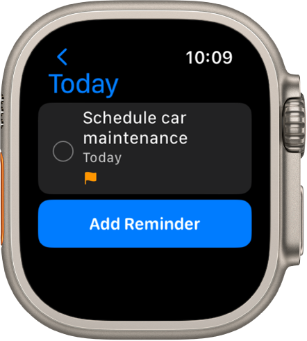 The Reminders app showing a reminder in the Today list. The reminder is near the top of the screen and an Add Reminder button is below.