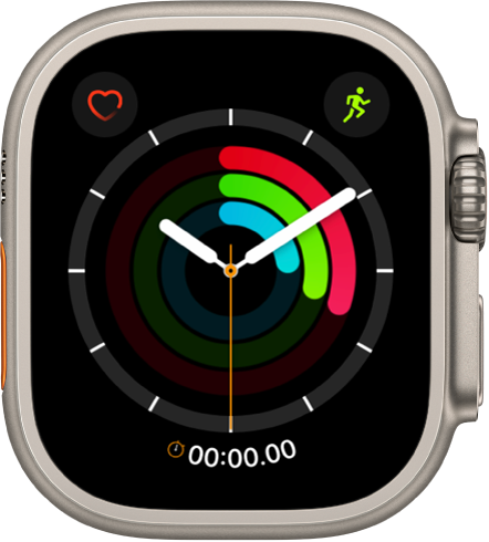 Activity Analog watch face showing the time as well as Move, Exercise, and Stand goal progress. There are also three complications: Heart Rate at the top left, Workout at the top right, and Stopwatch at the bottom.