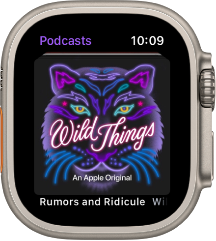 The Podcasts app on Apple Watch shows podcast artwork. Tap the artwork to play the episode.