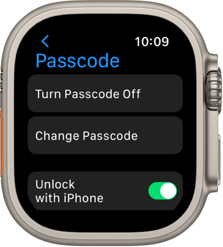 Passcode settings on Apple Watch, with Turn Passcode Off button at top, Change Passcode button below it, and Unlock with iPhone switch at the bottom.