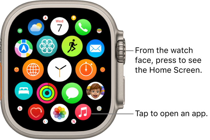 Home Screen in grid view on Apple Watch, with apps in a cluster. Tap an app to open it. Drag to see more apps.