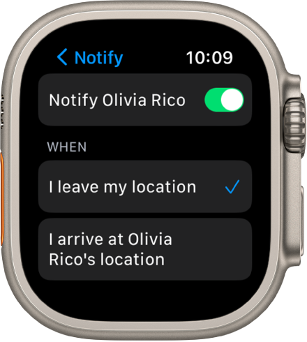 The Notify screen in the Find People app. “When I leave my location” is selected.