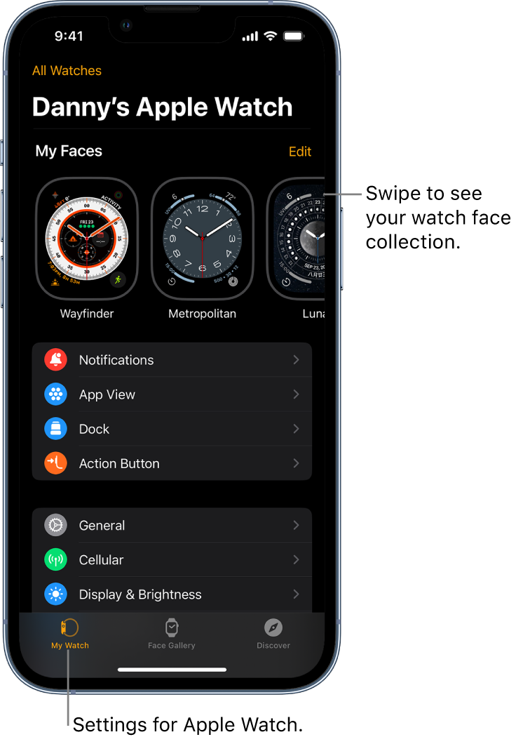 The Apple Watch app on iPhone open to the My Watch screen, which shows your watch faces near the top, and settings below. There are three tabs at the bottom of the Apple Watch app screen: the left tab is My Watch, where you go for Apple Watch settings; next is the Face Gallery, where you can explore available watch faces and complications; then Discover, where you can learn more about Apple Watch.