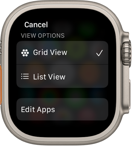 The View Options screen showing Grid View and List View buttons. The Edit Apps button is at the bottom of the screen.