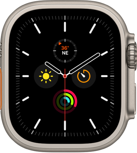 The Meridian watch face, where you can adjust the face color and details of the dial. It shows four complications inside an analog clock face: Compass Heading at the top, Timers at the right, Activity at the bottom, and Weather Conditions on the left.
