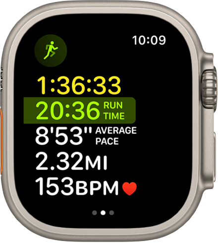 The Workout app showing a multisport workout in progress. The screen shows the total elapsed time, amount of time you’ve been running, average pace, distance, and heart rate.
