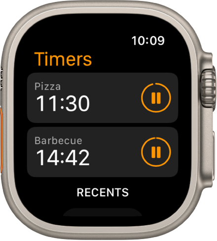 Two timers in the Timers app. A timer called “Pizza” is near the top. Below is a timer called “Barbecue.” Each timer shows the remaining time below the timer’s name and a pause button to the right. A Recents button is at the bottom of the screen.