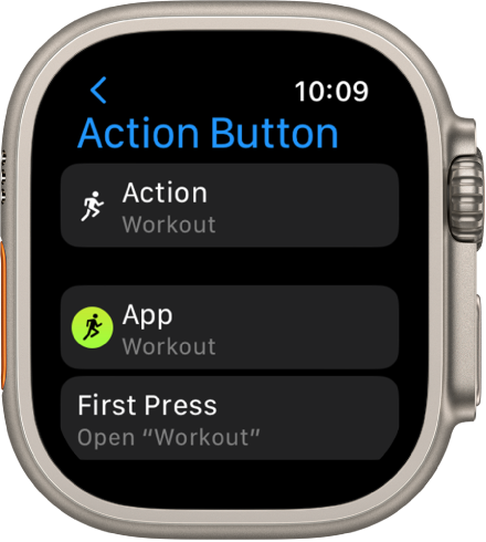 The Action Button screen on Apple Watch Ultra showing Workout as the assigned action and app. Pressing the Action button once opens the Workout app.