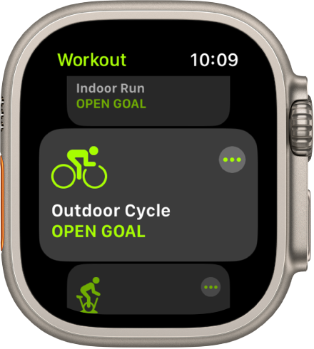 The Workout screen with the Outdoor Cycle workout highlighted. A More button is at the top right of the workout tile. A portion of the Indoor Run workout is above. A portion of the Indoor Cycle workout is below.