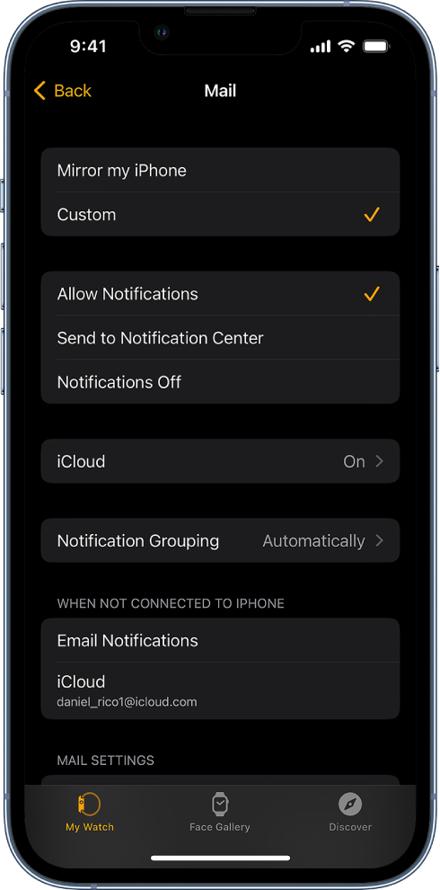 Mail settings in the Apple Watch app showing settings for notifications and email accounts.