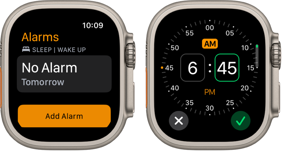 Two watch screens showing the process for adding an alarm: Tap Add Alarm, tap AM or PM, turn Digital Crown to adjust the time, then tap the check button.