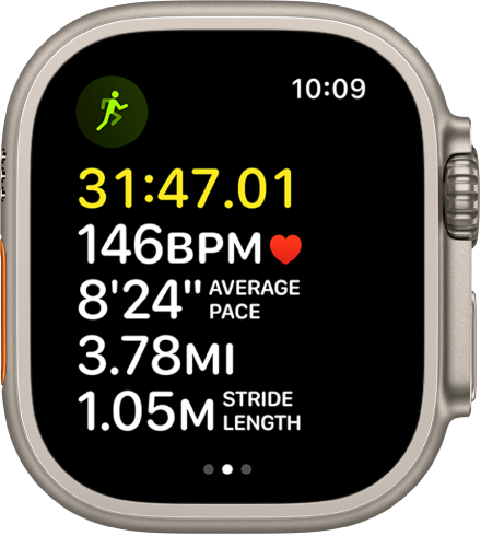 Analytics during a running workout show stride length at the bottom of the screen.