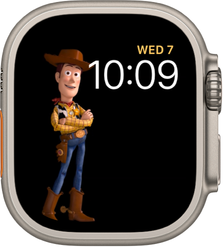 The Toy Story watch face shows the day, date, and time at the top right and an animated Jessie in the left of the screen.