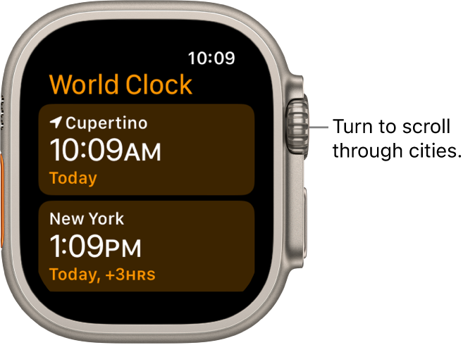 The World Clock app with list of cities and scroll bar.