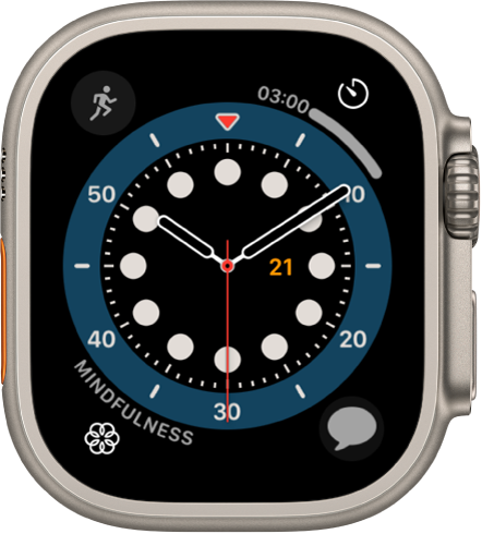 The Count Up watch face. It shows four complications: Workout Index at the top left, Timers at the top right, Mindfulness at the bottom left, and Messages at the bottom right.