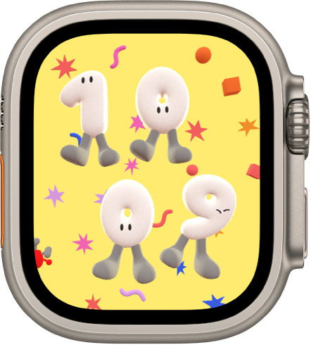 The Playtime watch face showing the time in cartoonish characters.